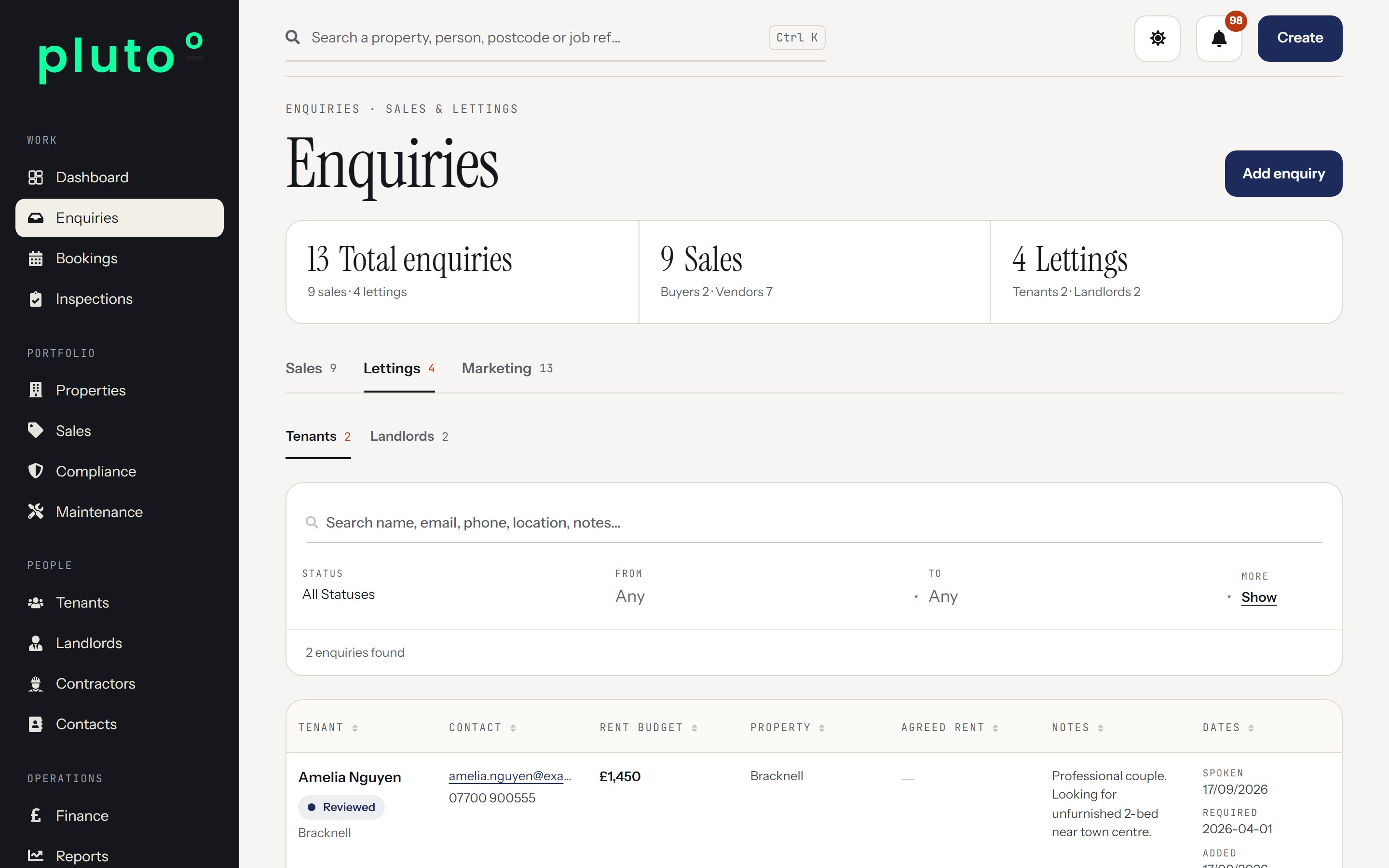 Enquiries dashboard in Plutoo Comet
