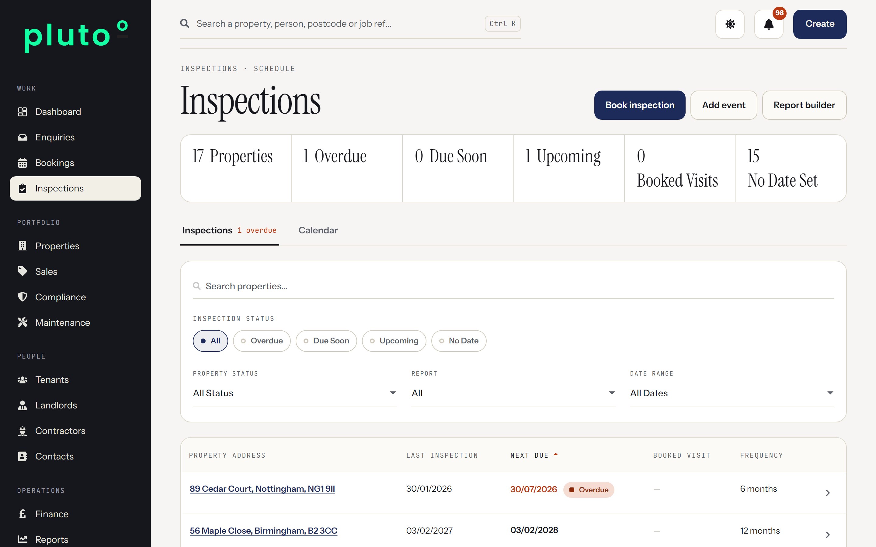 Inspections and calendar in Plutoo Comet