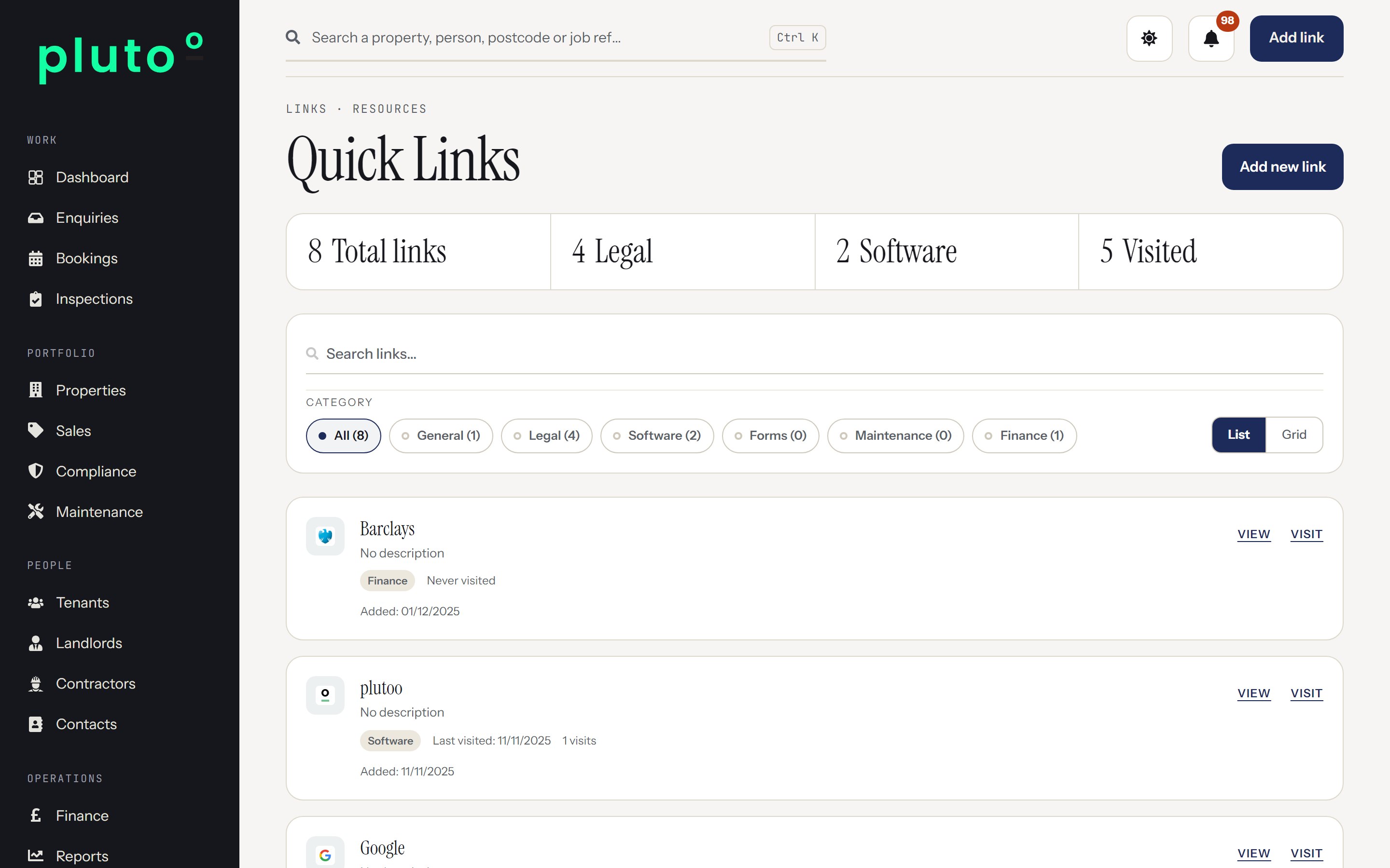 Quick Links in Plutoo Comet