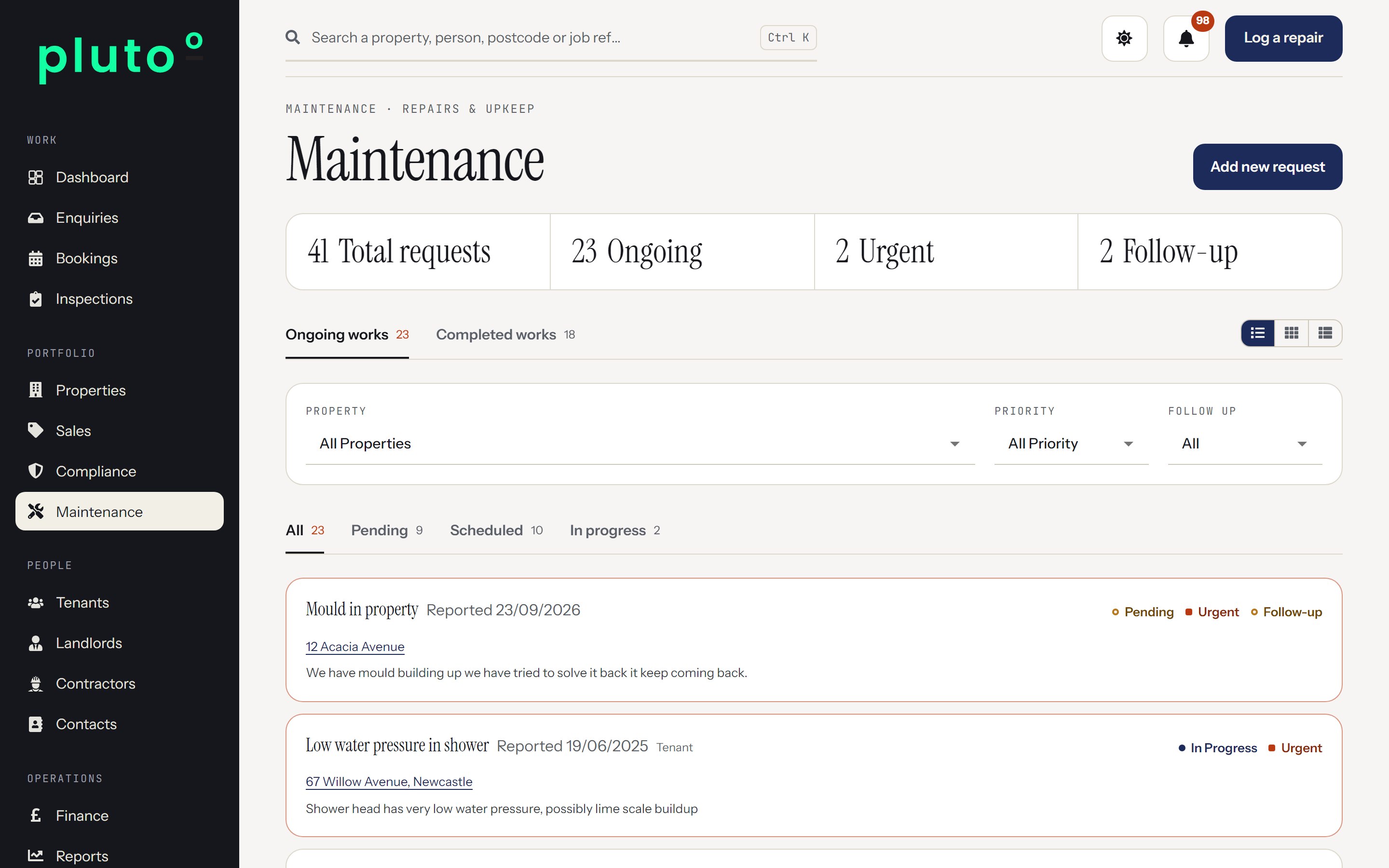Maintenance dashboard with Awaab’s Law legal deadlines in Plutoo Comet