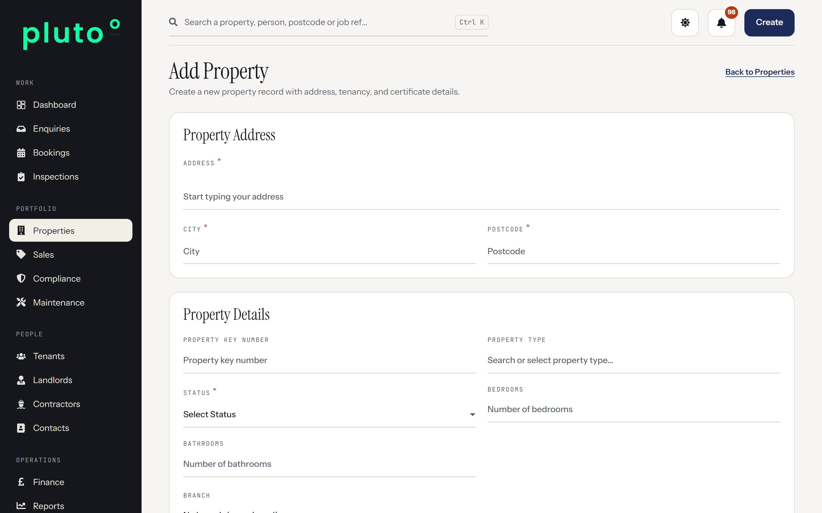 Add property screen in Plutoo Comet