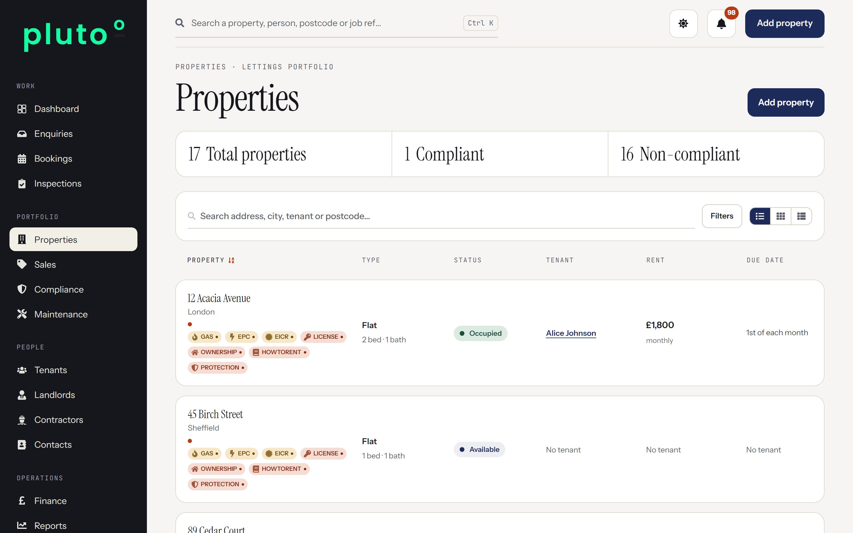Properties list in Plutoo Comet