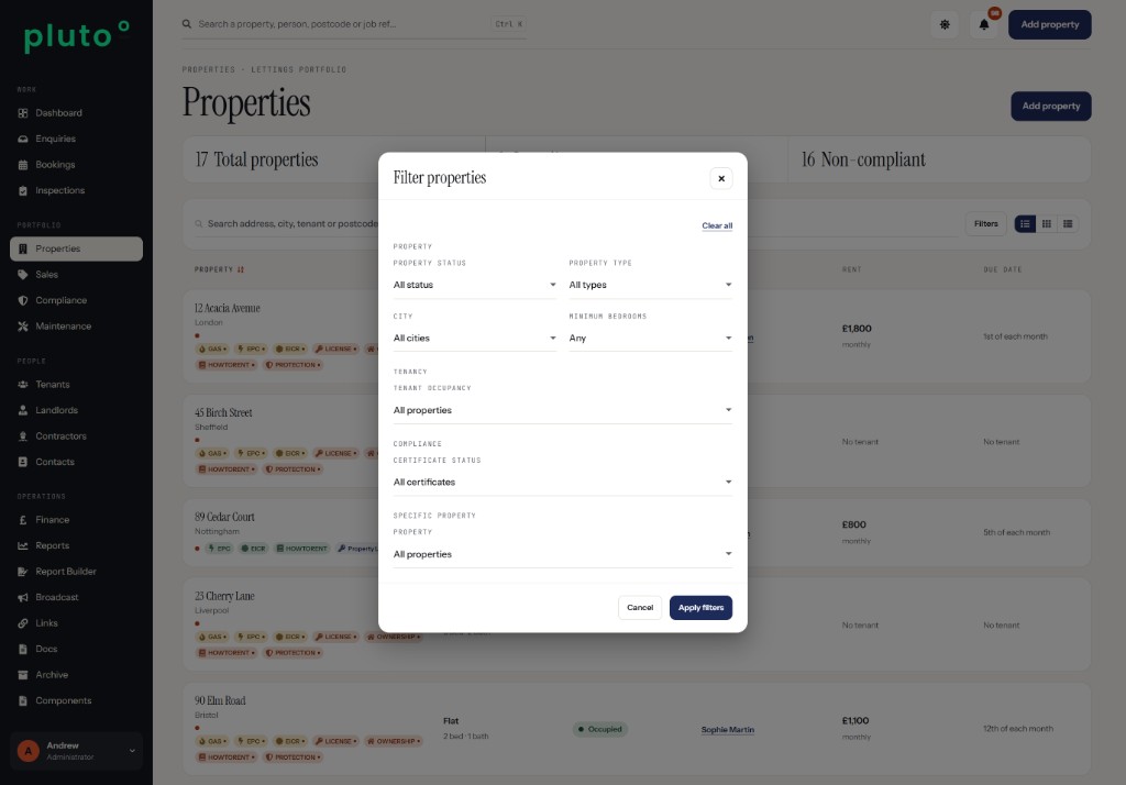 Filtered portfolio views in Plutoo Comet